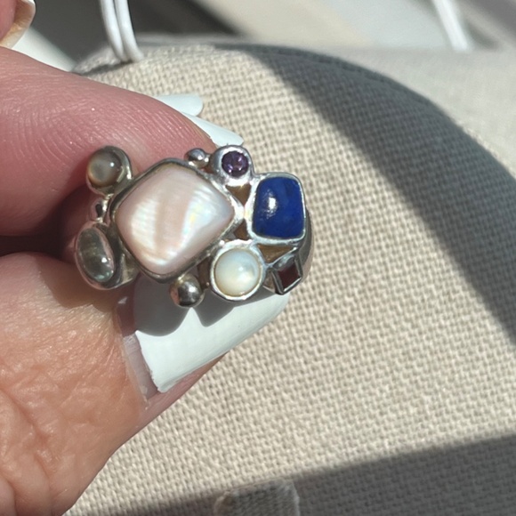 Vintage Ring signed 925 LT lapis, pearl, amethyst garnet aquamarine sz 9. - Picture 3 of 11